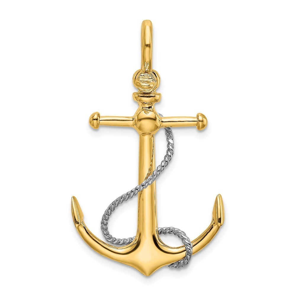 14K Two-tone 3-D Anchor w T Bar & Rope w Shackle Bail Necklace Charm Pendant